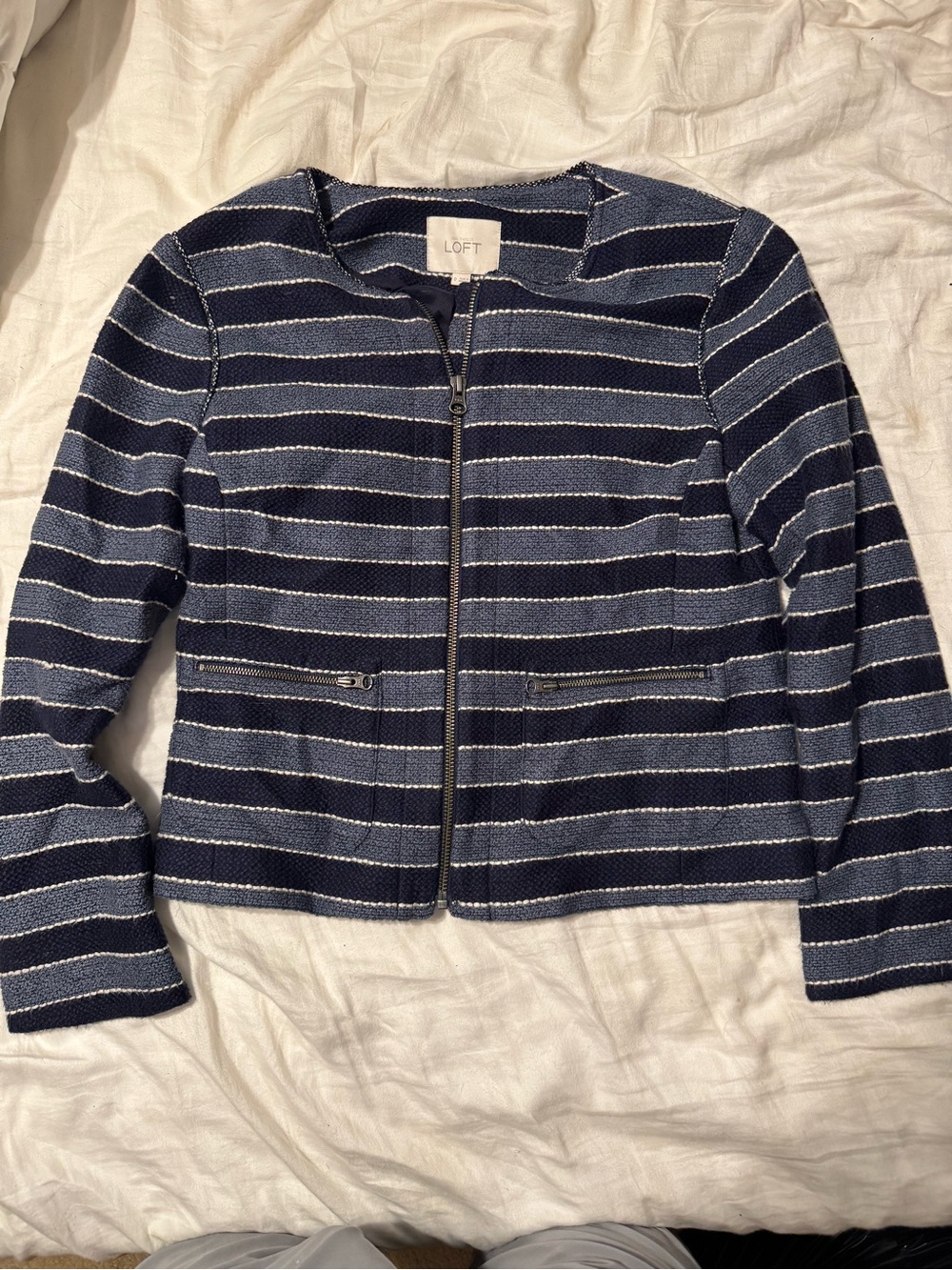 LOFT Navy and White Striped Zip-Front Blazer